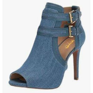 XYD Denim Peep Toe Sandal Ankle Booties Dual Buckled Straps Stiletto Heels Shoes